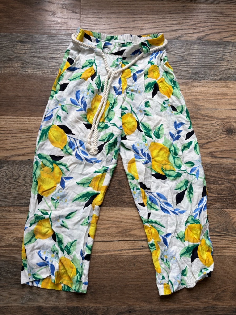 Jules & Leopold White Lemon and Leaf Print Drawstring Pants